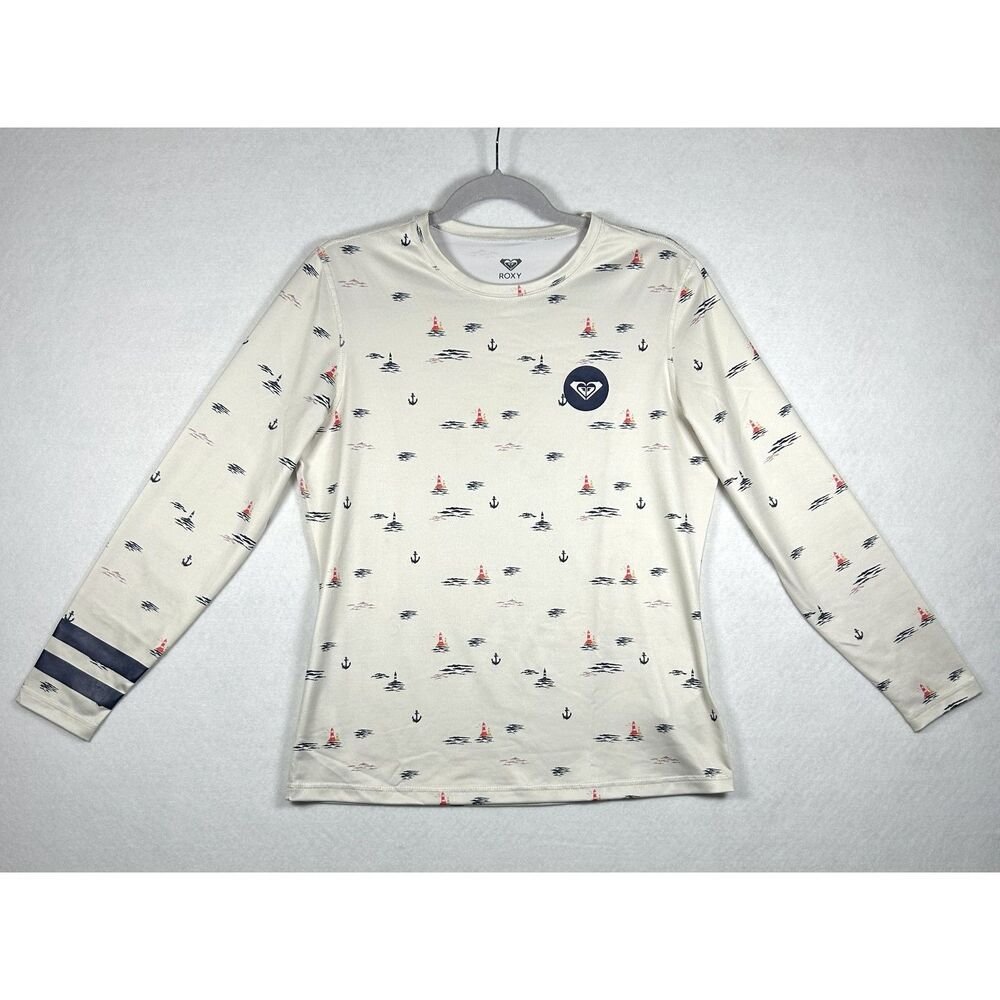 ROXY Nautical Rash Guard Long Sleeve Swim Shirt Women's Medium Anchor Lighthouse